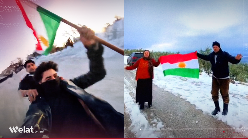 Şêniyên Efrînê bi hatina berfê dilxweş in û bi ala Kurdistanê kêfxweşiya xwe nîşan didin